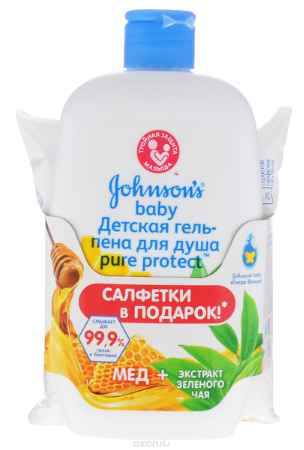 Купить Johnson's Baby Гель-пена для купания Baby Pure Protect 300 мл + Pure Protect влажные салфетки 25 шт в подарок