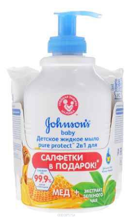 Купить Johnson's Baby Мыло для рук жидкое Baby Pure Protect 300 мл + Pure Protect влажные салфетки 25 шт в подарок