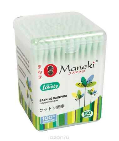 Купить Maneki Палочки ватные гигиенические Lovely, с зеленым бумажным стиком, в пластиковой коробке, 150 шт.