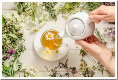 Woman pouring chamomile herbal tea on white wooden background
