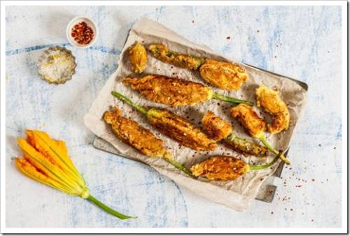 Fried Zucchini Flowers Stuffed with Ricotta, Sprinkled with Lemon Salt and Chili Flakes